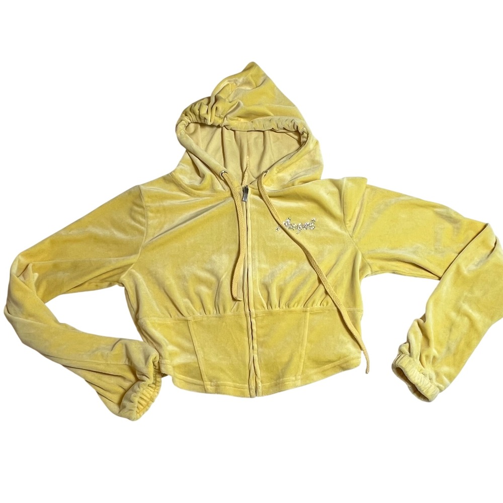 Fashion Nova Yellow Velour Cropped Corset‎ Zip Up Angel Rhinestone Y2K Style